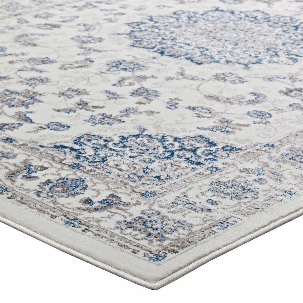 Lilja Distressed Vintage Persian Medallion 5x8 Area Rug, Ivory and Moroccan Blue