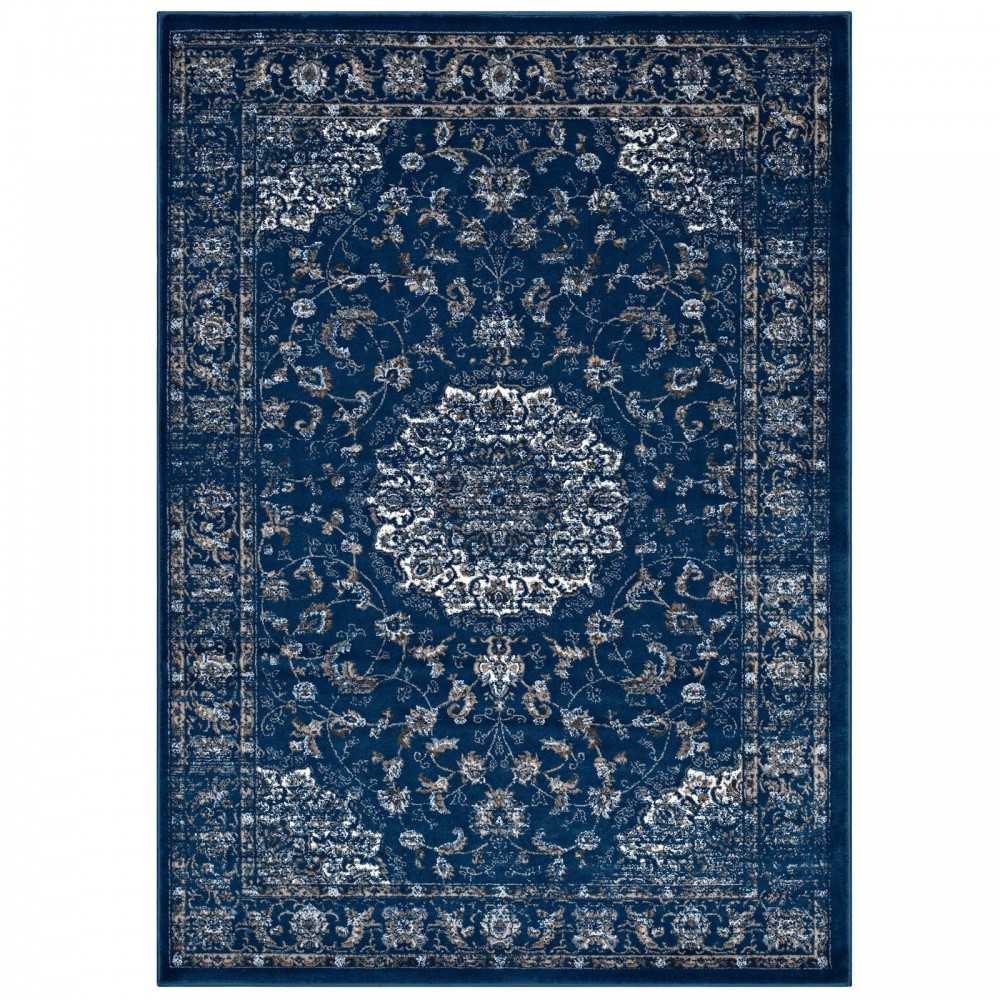Lilja Distressed Vintage Persian Medallion 8x10 Area Rug, Moroccan Blue, Beige and Ivory