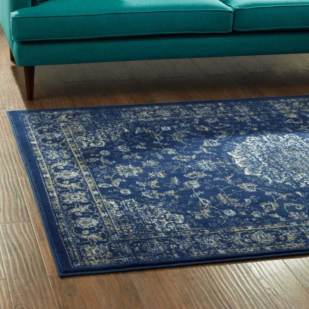 Lilja Distressed Vintage Persian Medallion 8x10 Area Rug, Moroccan Blue, Beige and Ivory