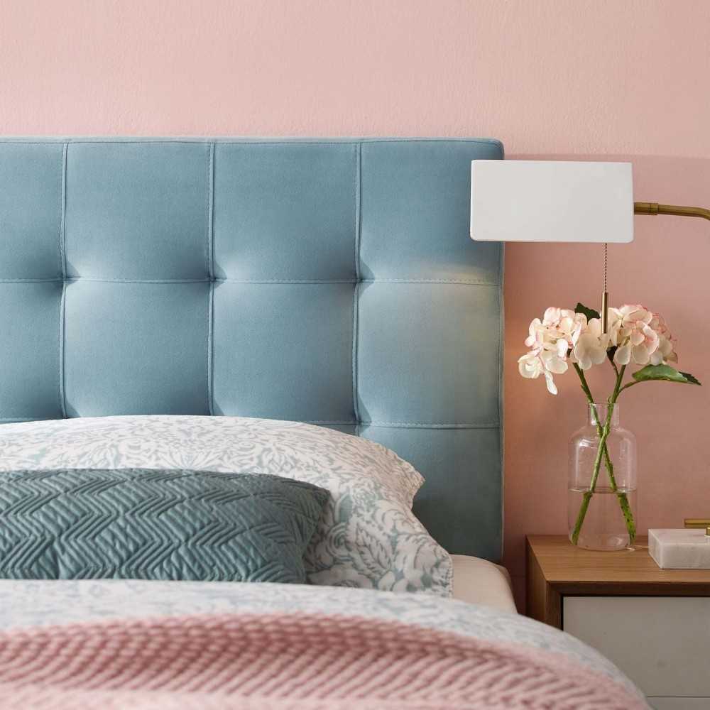 Lily Biscuit Tufted Full Performance Velvet Headboard, Light Blue