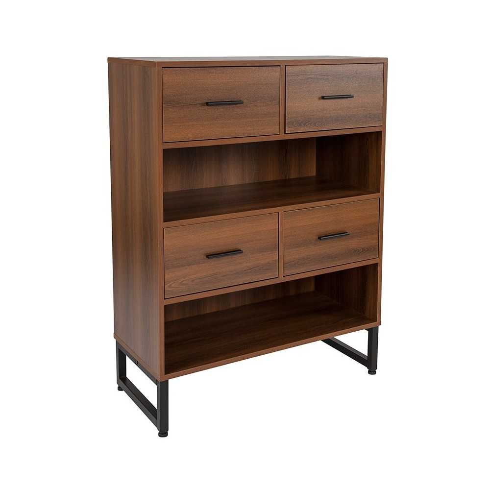 Lincoln Collection 2 Shelf 41.25"H Display Bookcase with Four Drawers in Rustic Wood Grain Finish