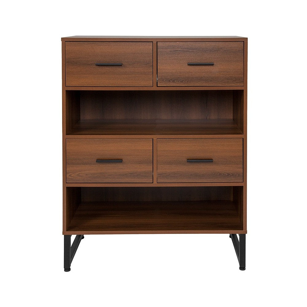 Lincoln Collection 2 Shelf 41.25"H Display Bookcase with Four Drawers in Rustic Wood Grain Finish