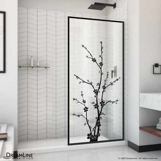 Linea Blossom 34 in. W x 72 in. H Single Panel Frameless Shower Door, Open Entry Design in Satin Black