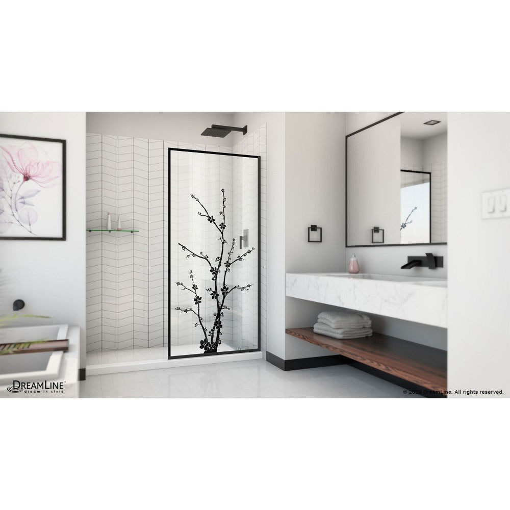 Linea Blossom 34 in. W x 72 in. H Single Panel Frameless Shower Door, Open Entry Design in Satin Black