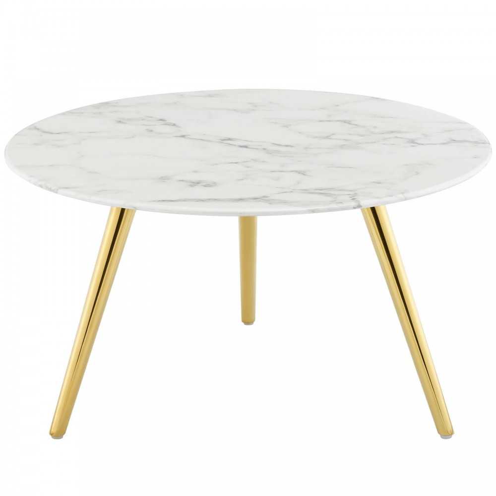 Lippa 28" Round Artificial Marble Coffee Table with Tripod Base, Gold White