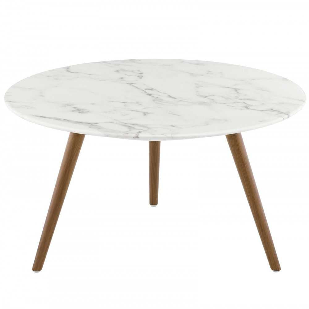 Lippa 28" Round Artificial Marble Coffee Table with Tripod Base, Walnut White