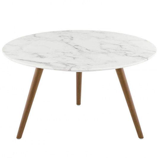 Lippa 28" Round Artificial Marble Coffee Table with Tripod Base, Walnut White