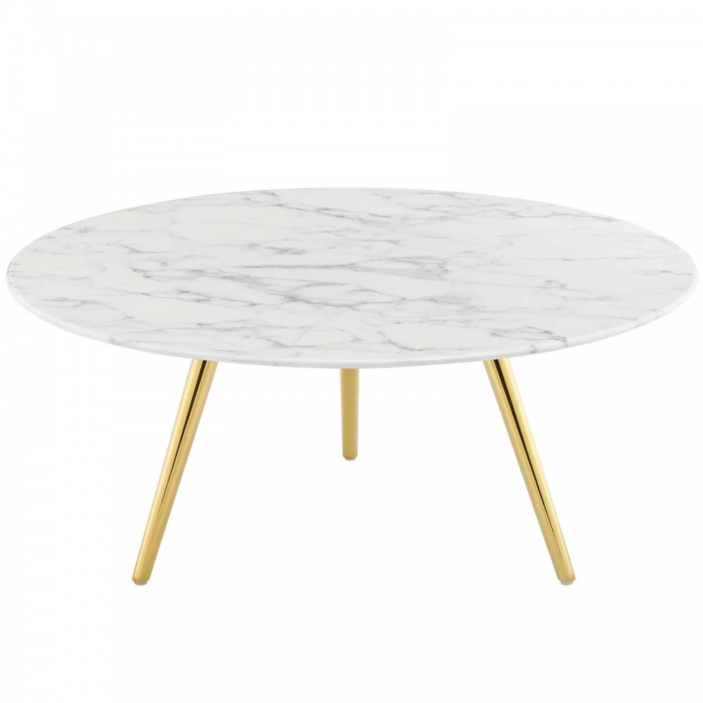 Lippa 36" Round Artificial Marble Coffee Table with Tripod Base, Gold White