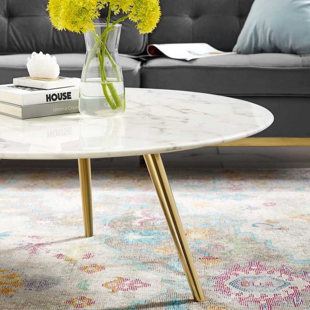 Lippa 36" Round Artificial Marble Coffee Table with Tripod Base, Gold White