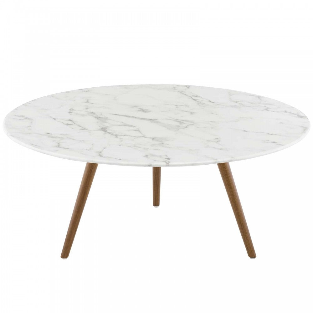 Lippa 36" Round Artificial Marble Coffee Table with Tripod Base, Walnut White