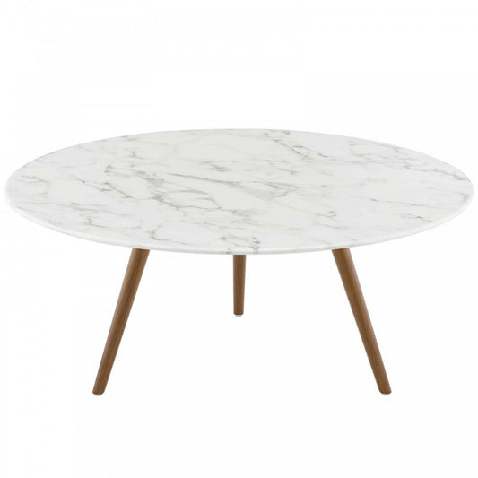 Lippa 36" Round Artificial Marble Coffee Table with Tripod Base, Walnut White