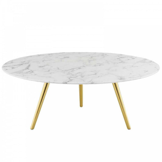 Lippa 40" Round Artificial Marble Coffee Table with Tripod Base, Gold White