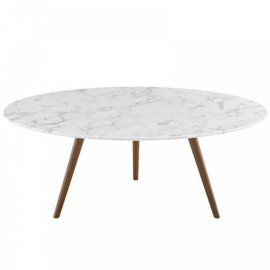 Lippa 40" Round Artificial Marble Coffee Table with Tripod Base, Walnut White