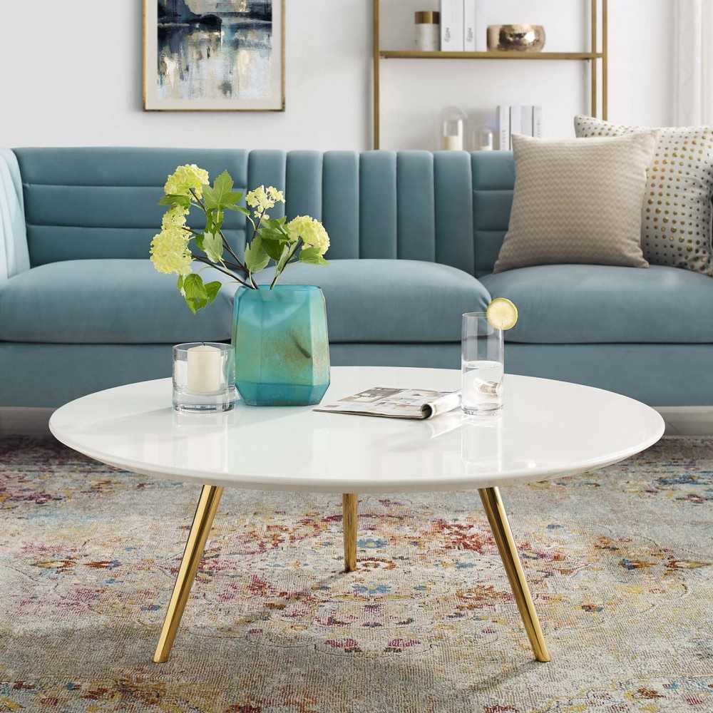 Lippa 40" Round Wood Top Coffee Table with Tripod Base, Gold White