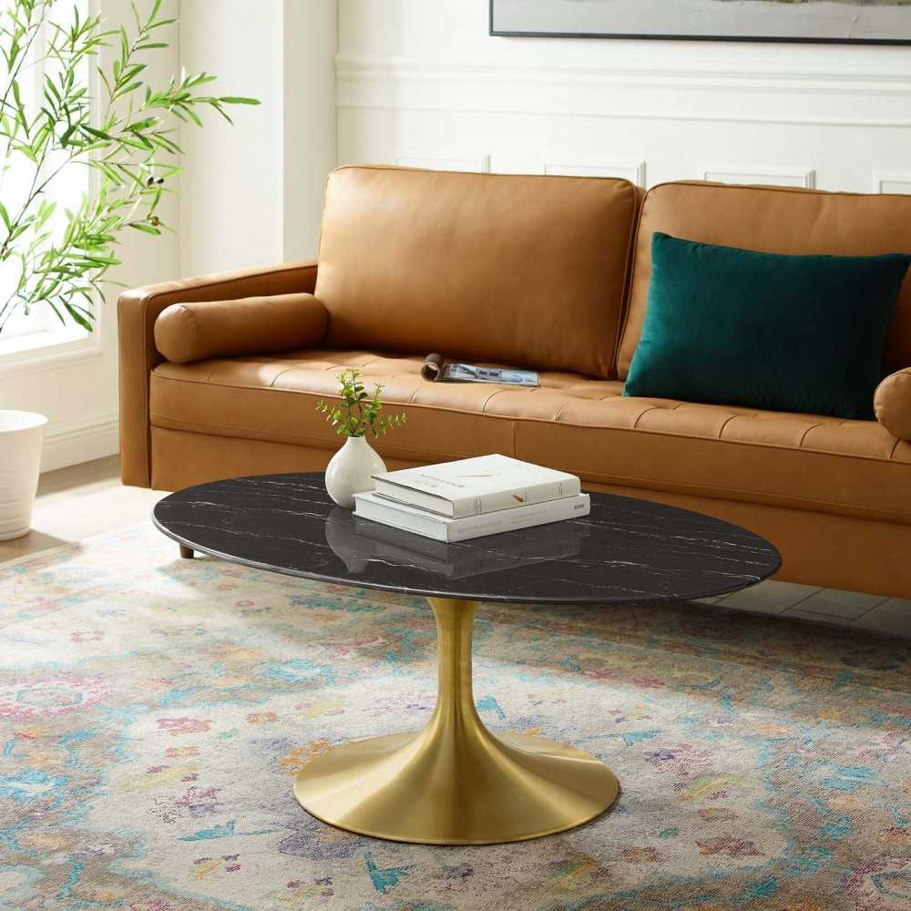 Lippa 42" Oval Artificial Marble Coffee Table, Gold Black