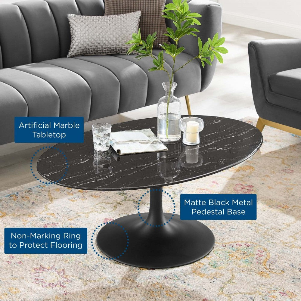 Lippa 42" Oval Artificial Marble Coffee Table, Black Black