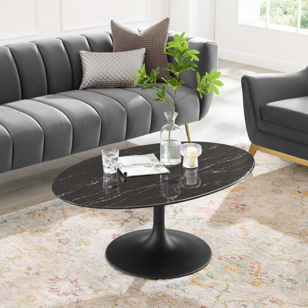 Lippa 42" Oval Artificial Marble Coffee Table, Black Black