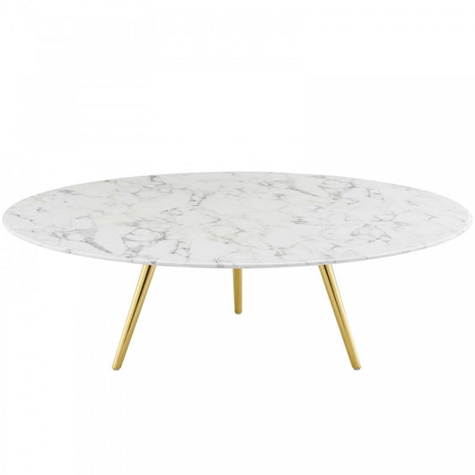 Lippa 47" Round Artificial Marble Coffee Table with Tripod Base, Gold White