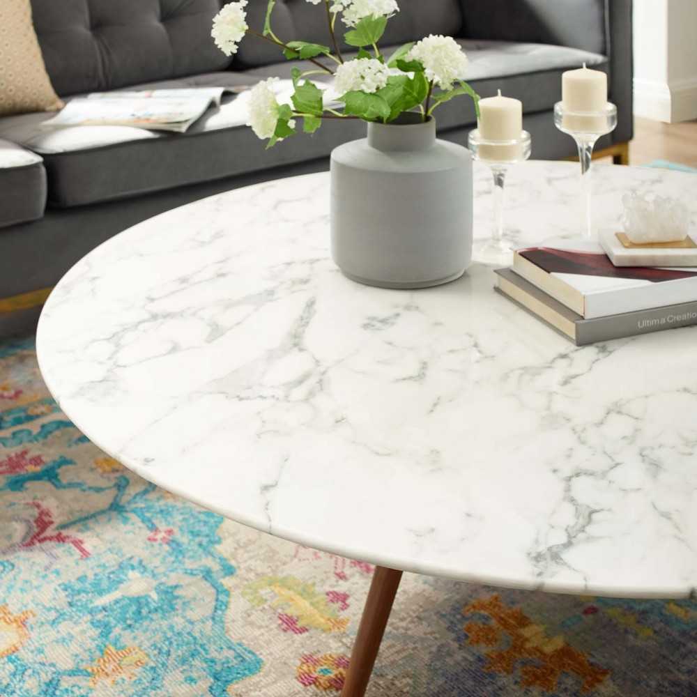 Lippa 47" Round Artificial Marble Coffee Table with Tripod Base, Walnut White