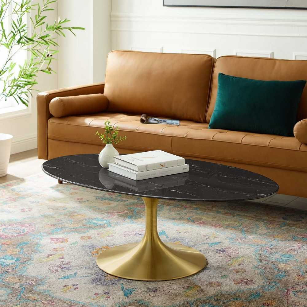 Lippa 48" Oval Artificial Marble Coffee Table, Gold Black