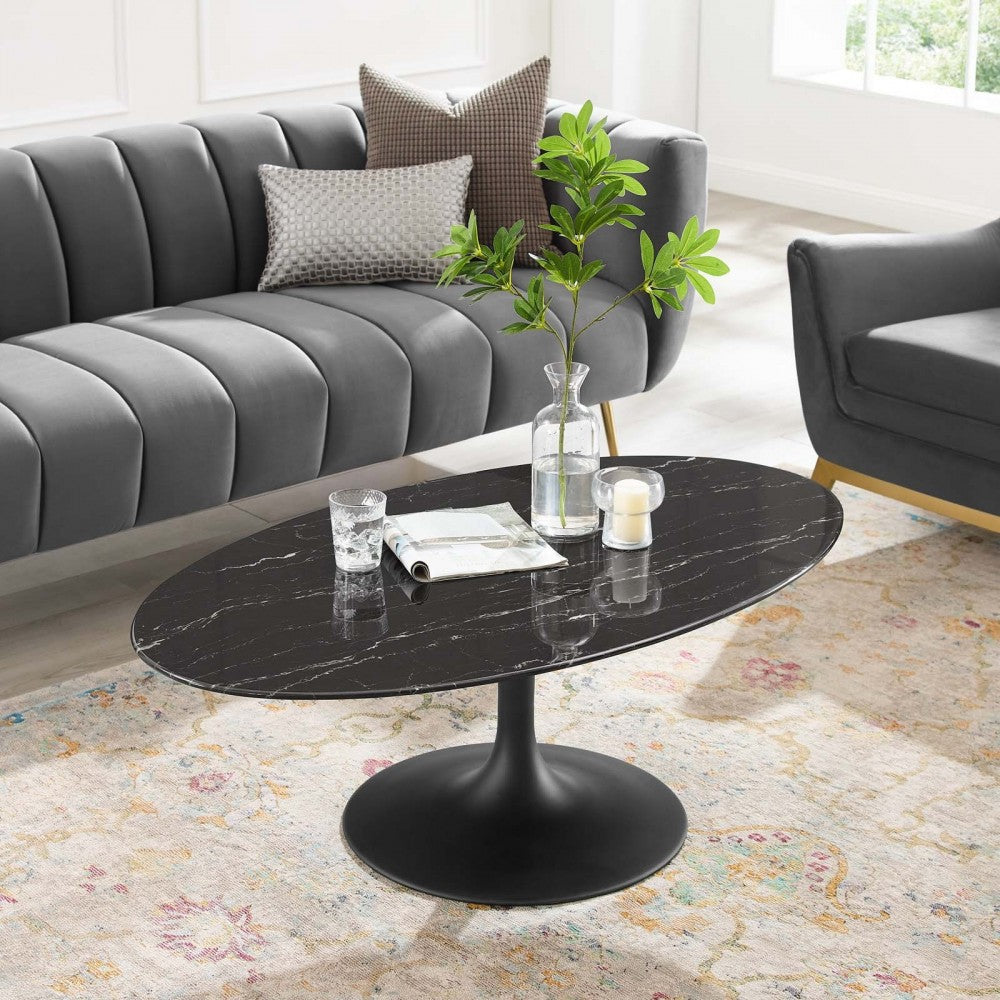 Lippa 48" Oval Artificial Marble Coffee Table, Black Black