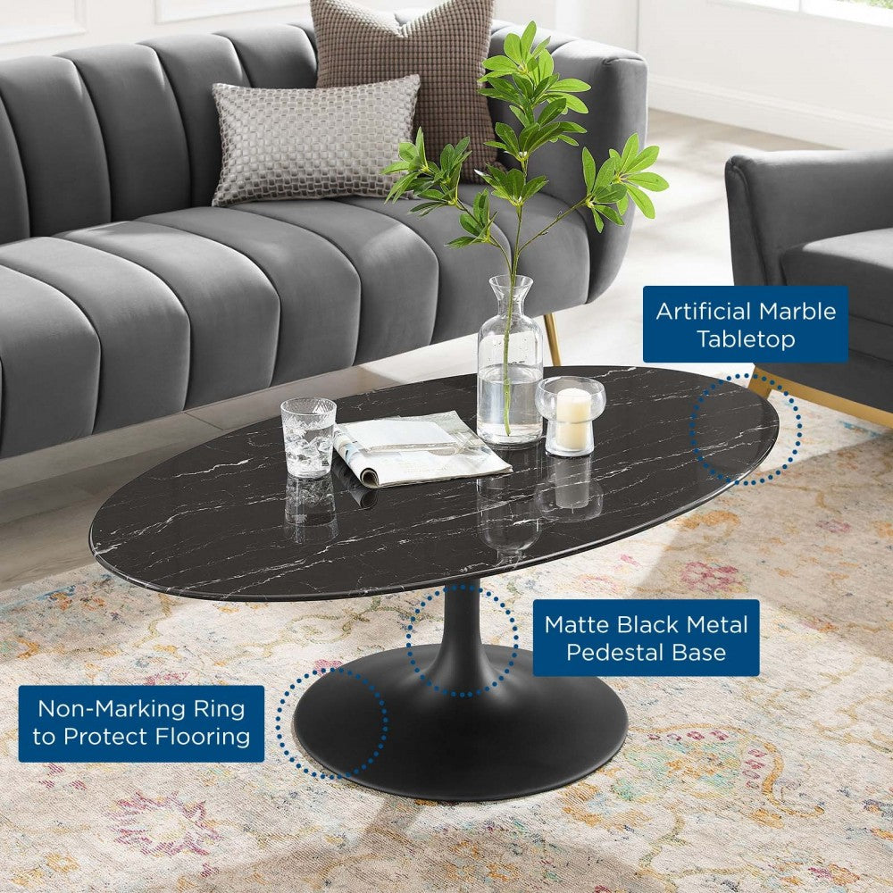 Lippa 48" Oval Artificial Marble Coffee Table, Black Black