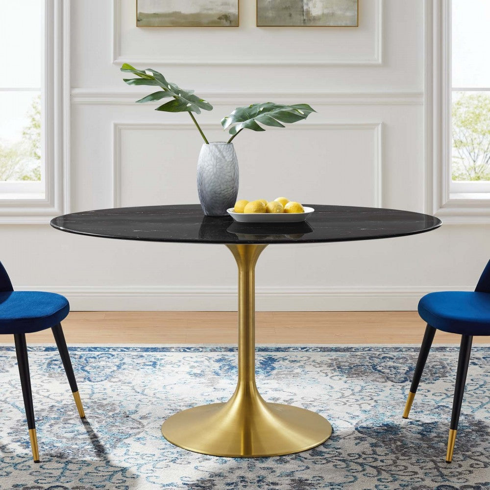 Lippa 54" Oval Artificial Marble Dining Table, Gold Black