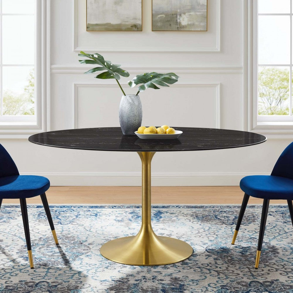 Lippa 60" Oval Artificial Marble Dining Table, Gold Black