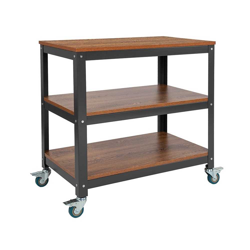 Livingston Collection 30"W Rolling Storage Cart with Metal Wheels in Brown Oak Wood Grain Finish