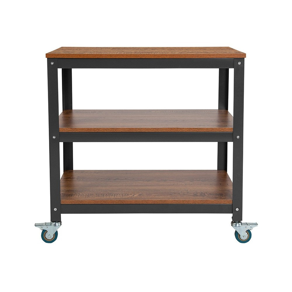 Livingston Collection 30"W Rolling Storage Cart with Metal Wheels in Brown Oak Wood Grain Finish