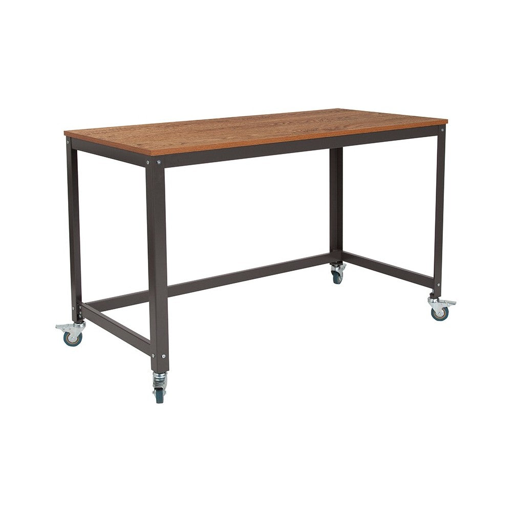 Livingston Collection Computer Table and Desk in Brown Oak Wood Grain Finish with Metal Wheels