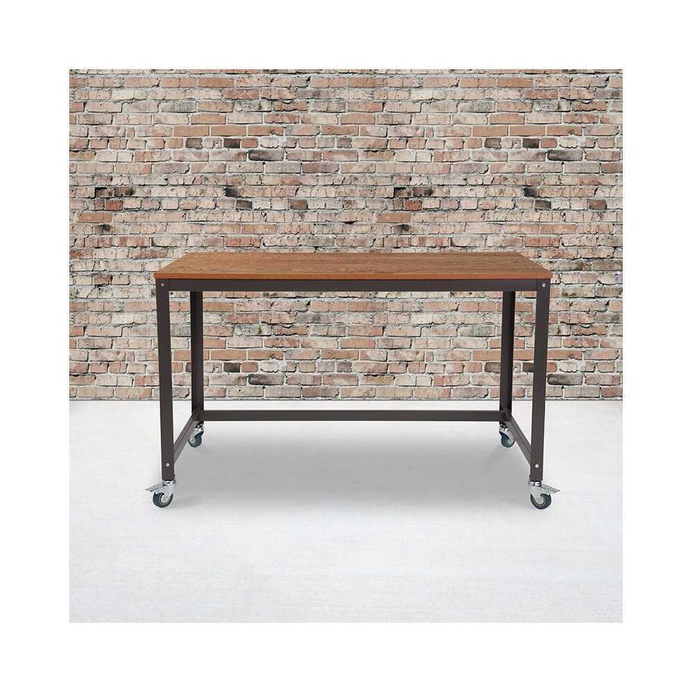 Livingston Collection Computer Table and Desk in Brown Oak Wood Grain Finish with Metal Wheels