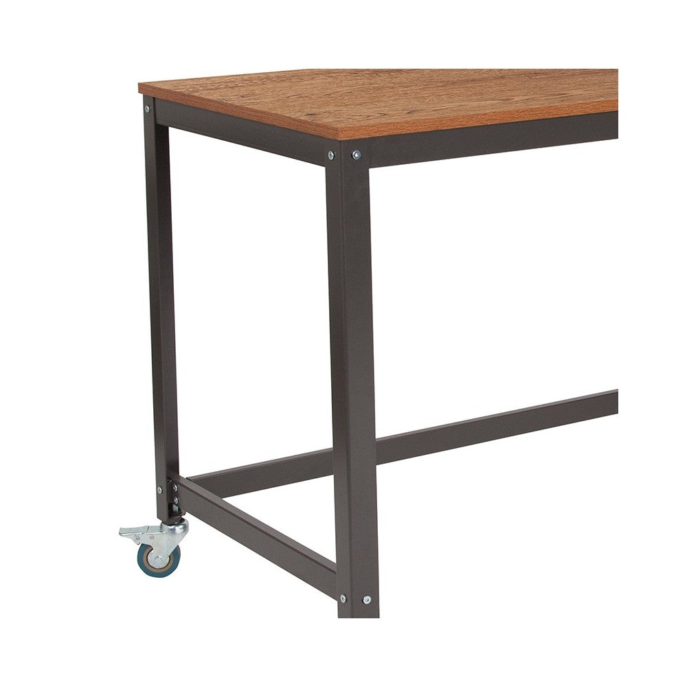 Livingston Collection Computer Table and Desk in Brown Oak Wood Grain Finish with Metal Wheels