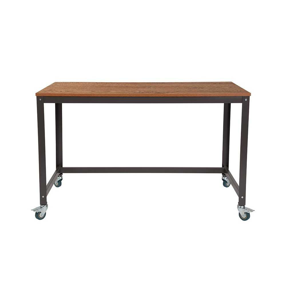 Livingston Collection Computer Table and Desk in Brown Oak Wood Grain Finish with Metal Wheels