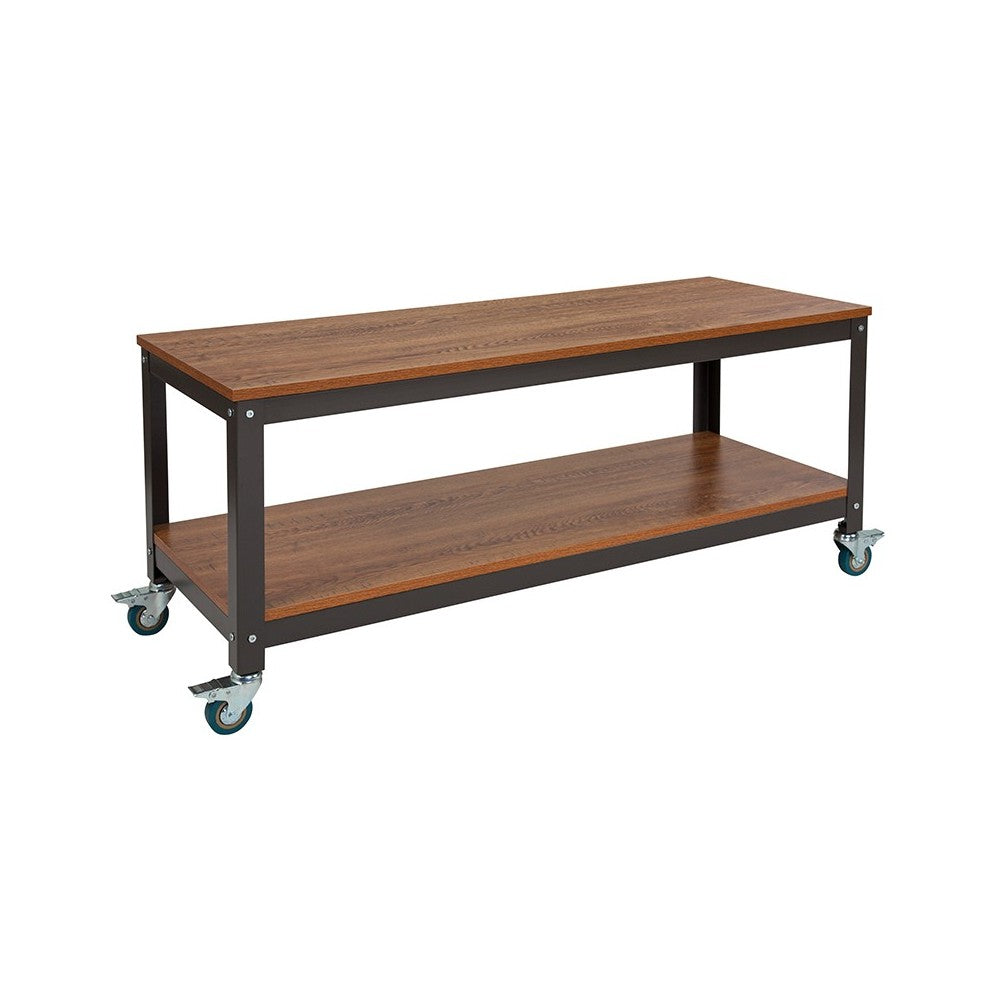 Livingston Collection TV Stand in Brown Oak Wood Grain Finish with Metal Wheels