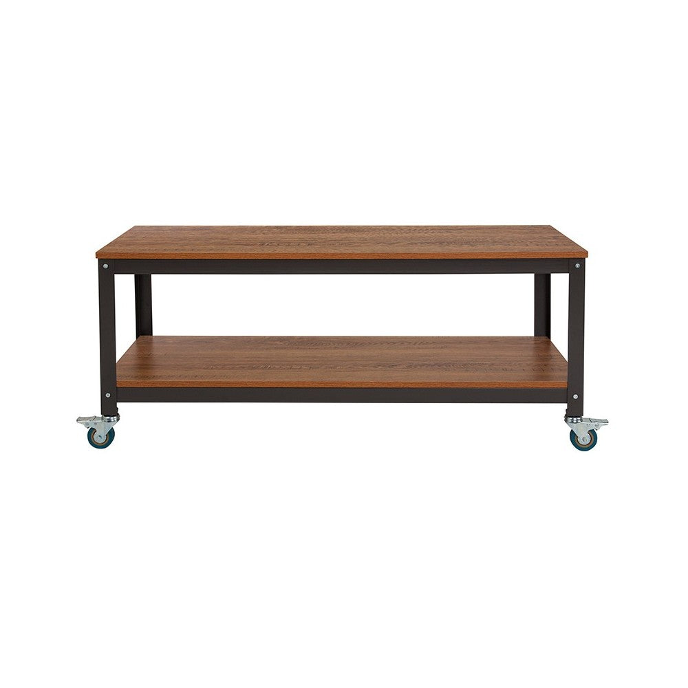 Livingston Collection TV Stand in Brown Oak Wood Grain Finish with Metal Wheels