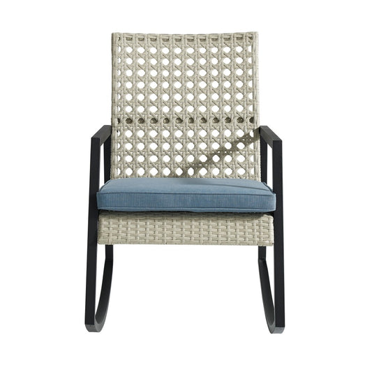 Liza Modern Patio Cane Weave Rattan Rocking Chair - Light Gray/Blue