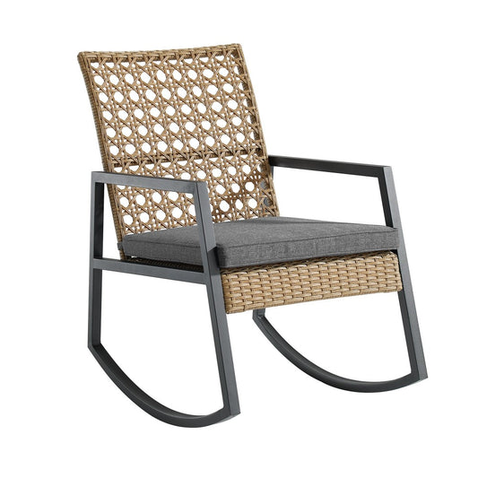 Liza Modern Patio Cane Weave Rattan Rocking Chair - Light Brown/Gray