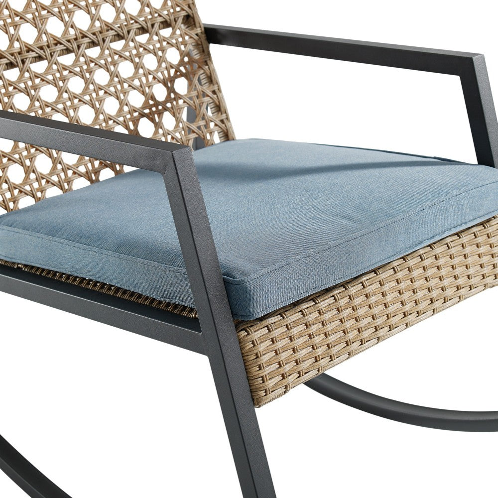 Liza Modern Patio Cane Weave Rattan Rocking Chair - Light Brown/Blue