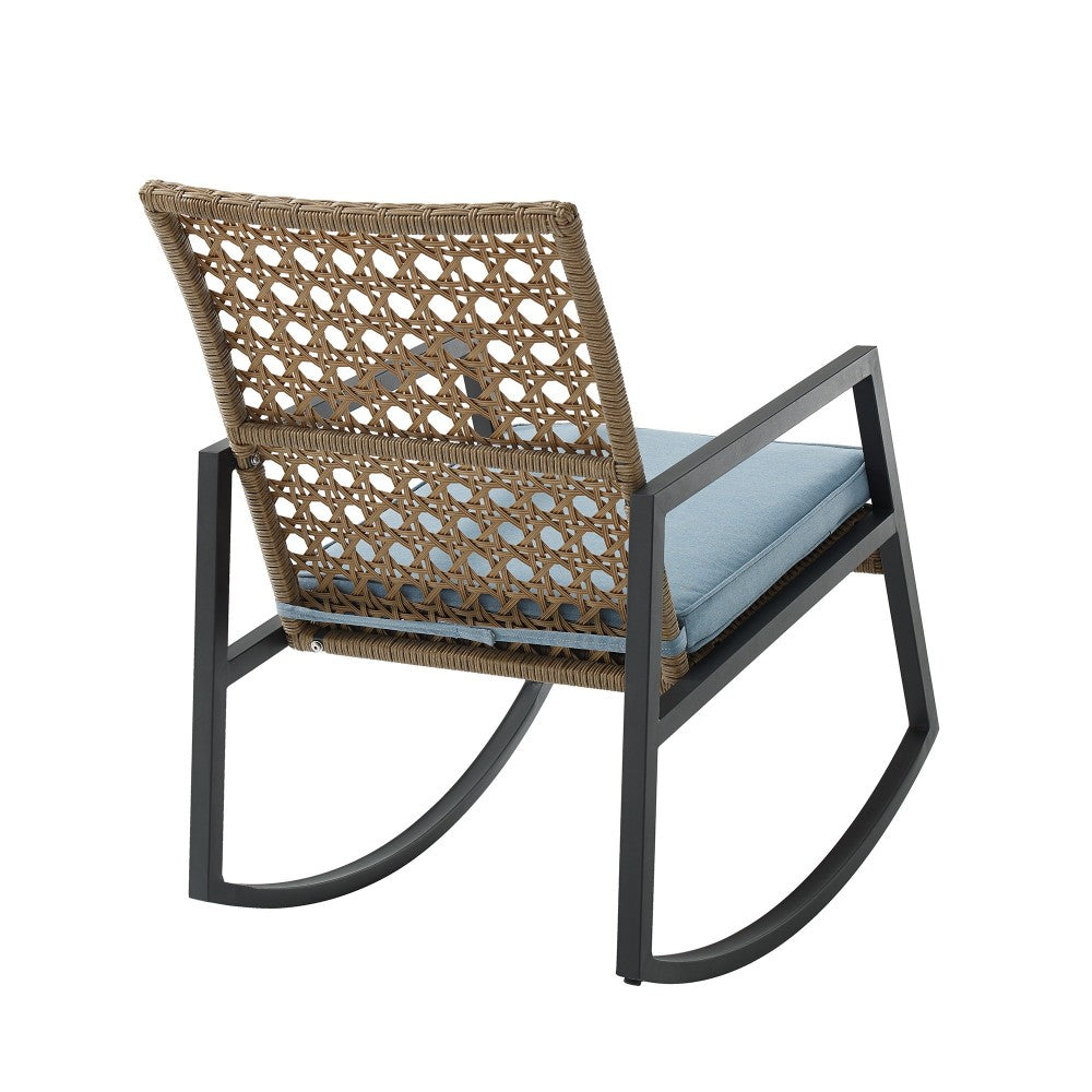 Liza Modern Patio Cane Weave Rattan Rocking Chair - Light Brown/Blue