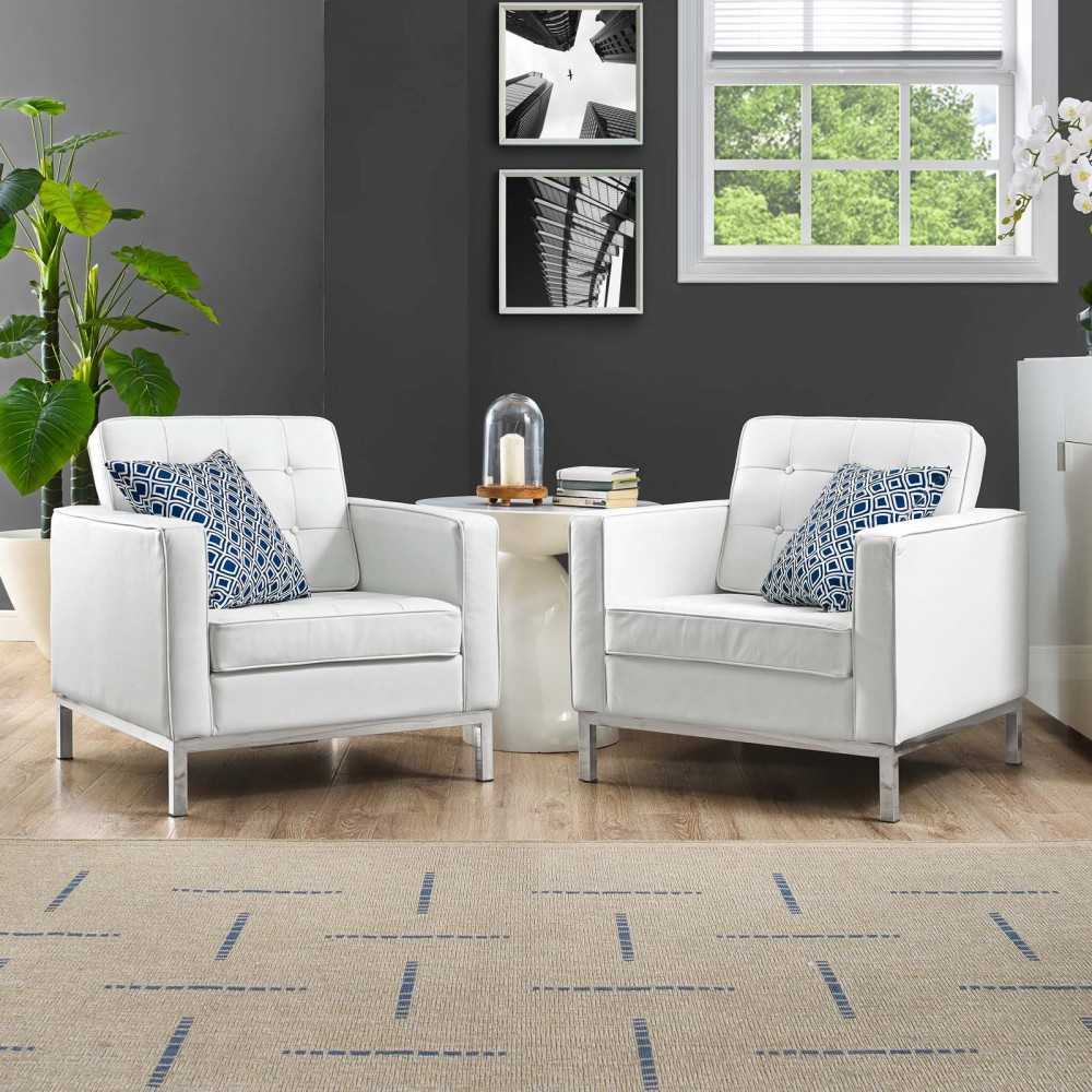 Loft 2 Piece Leather Armchair Set, White, EEI-3103-WHI-SET