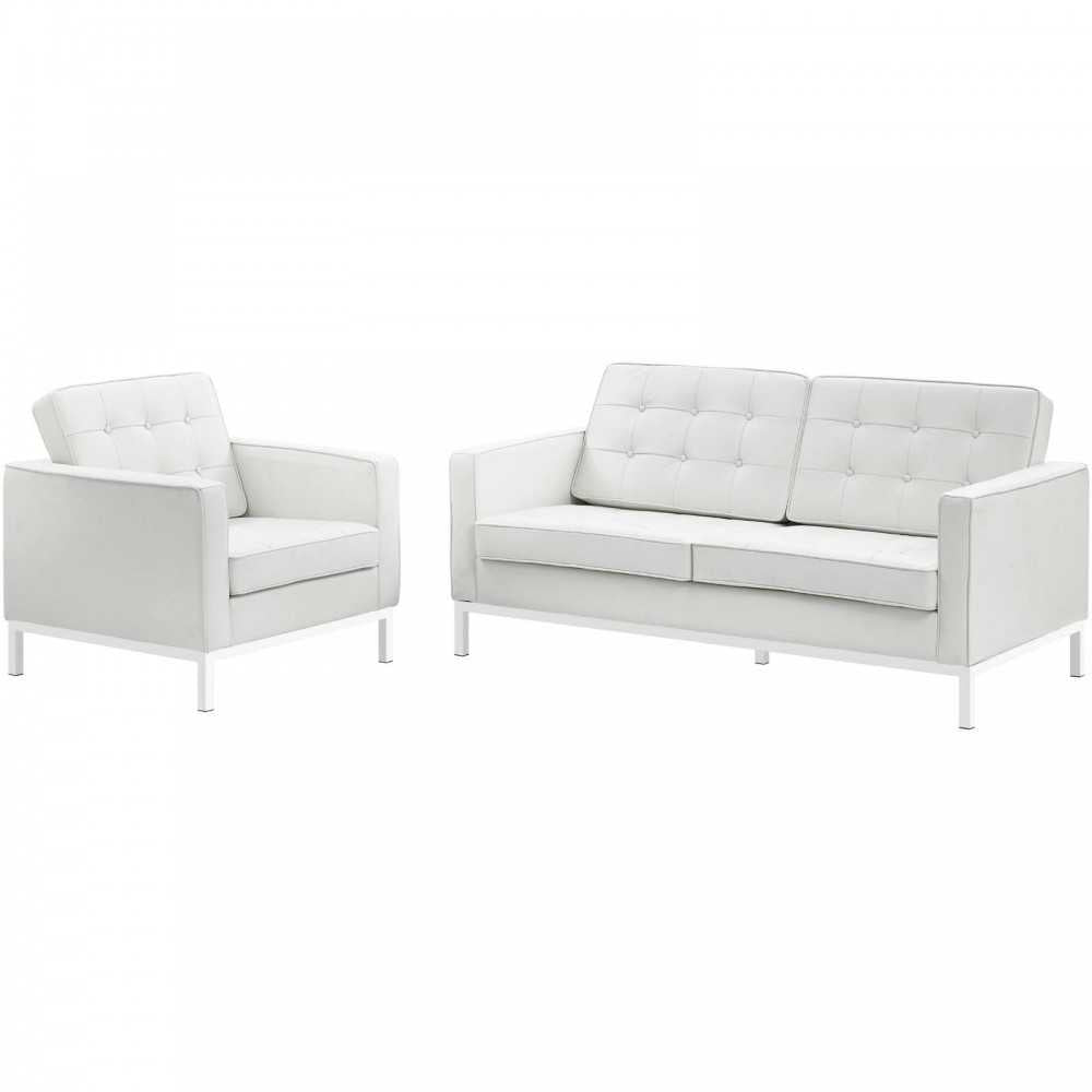 Loft 2 Piece Leather Loveseat and Armchair Set, White, EEI-3100-WHI-SET