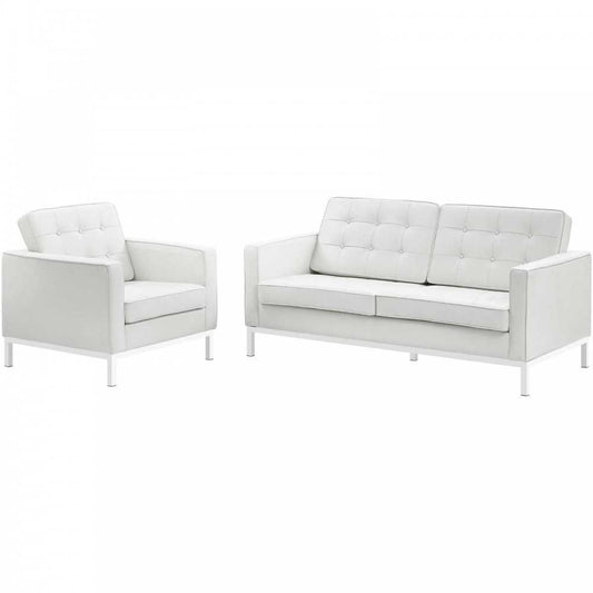Loft 2 Piece Leather Loveseat and Armchair Set, White, EEI-3100-WHI-SET