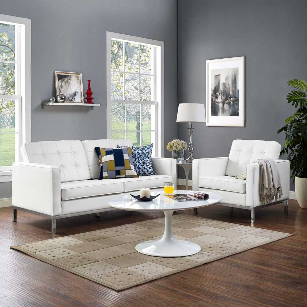 Loft 2 Piece Leather Loveseat and Armchair Set, White, EEI-3100-WHI-SET