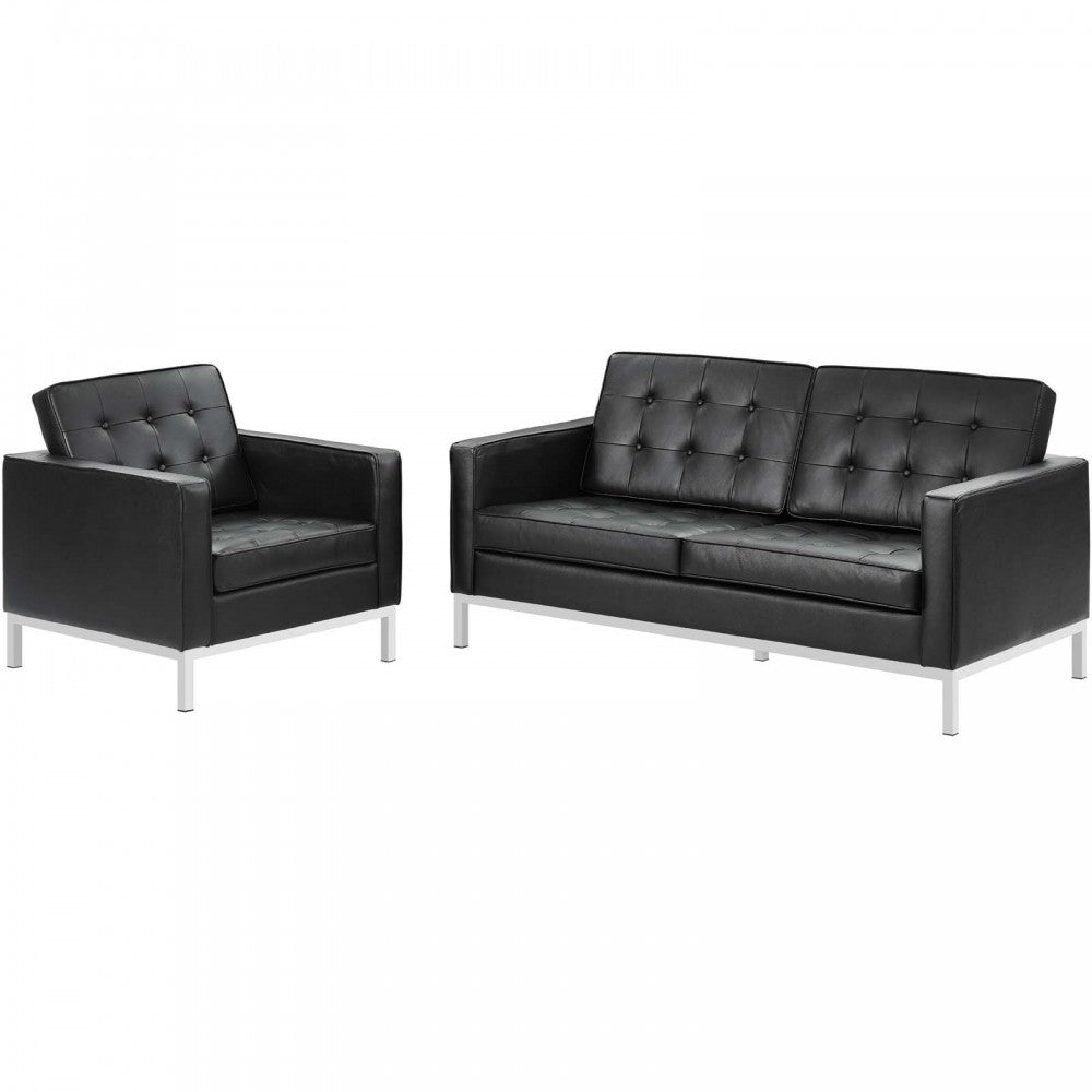 Loft 2 Piece Leather Loveseat and Armchair Set, White, EEI-3100-BLK-SET