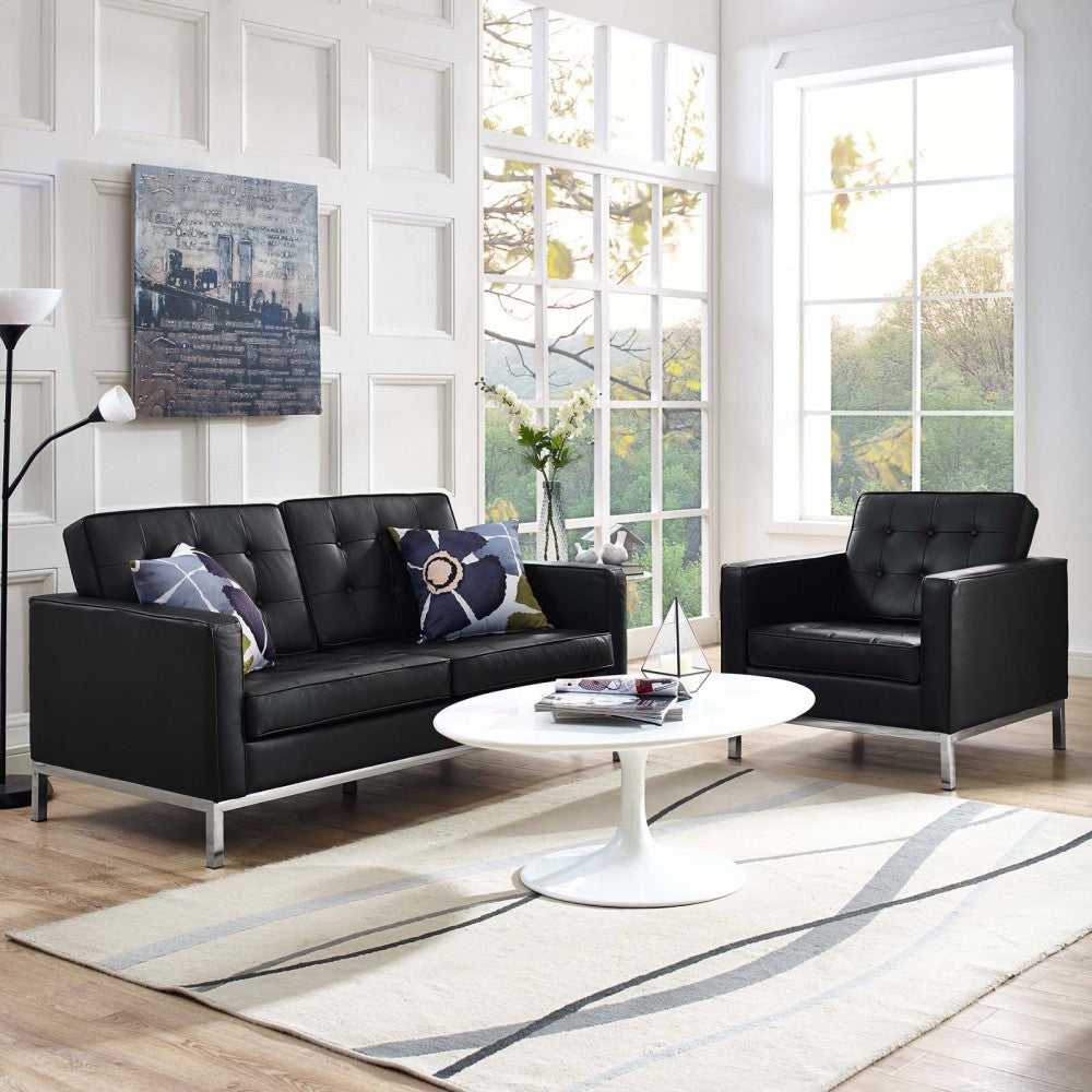 Loft 2 Piece Leather Loveseat and Armchair Set, White, EEI-3100-BLK-SET