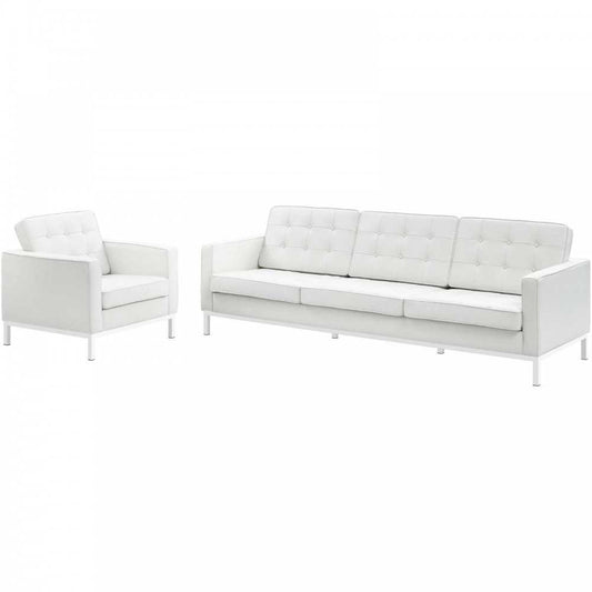 Loft 2 Piece Leather Sofa and Armchair Set, White, EEI-3099-WHI-SET