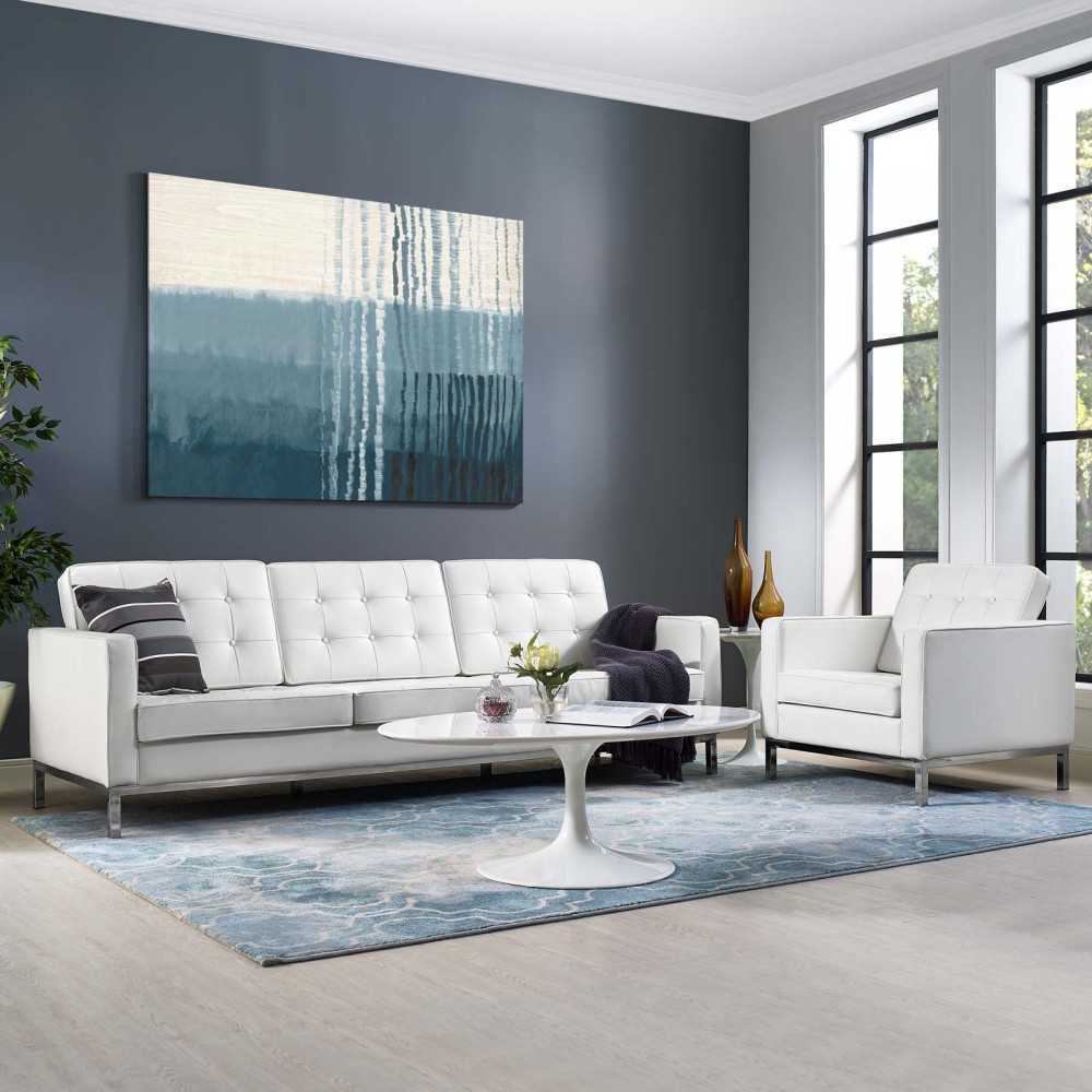 Loft 2 Piece Leather Sofa and Armchair Set, White, EEI-3099-WHI-SET