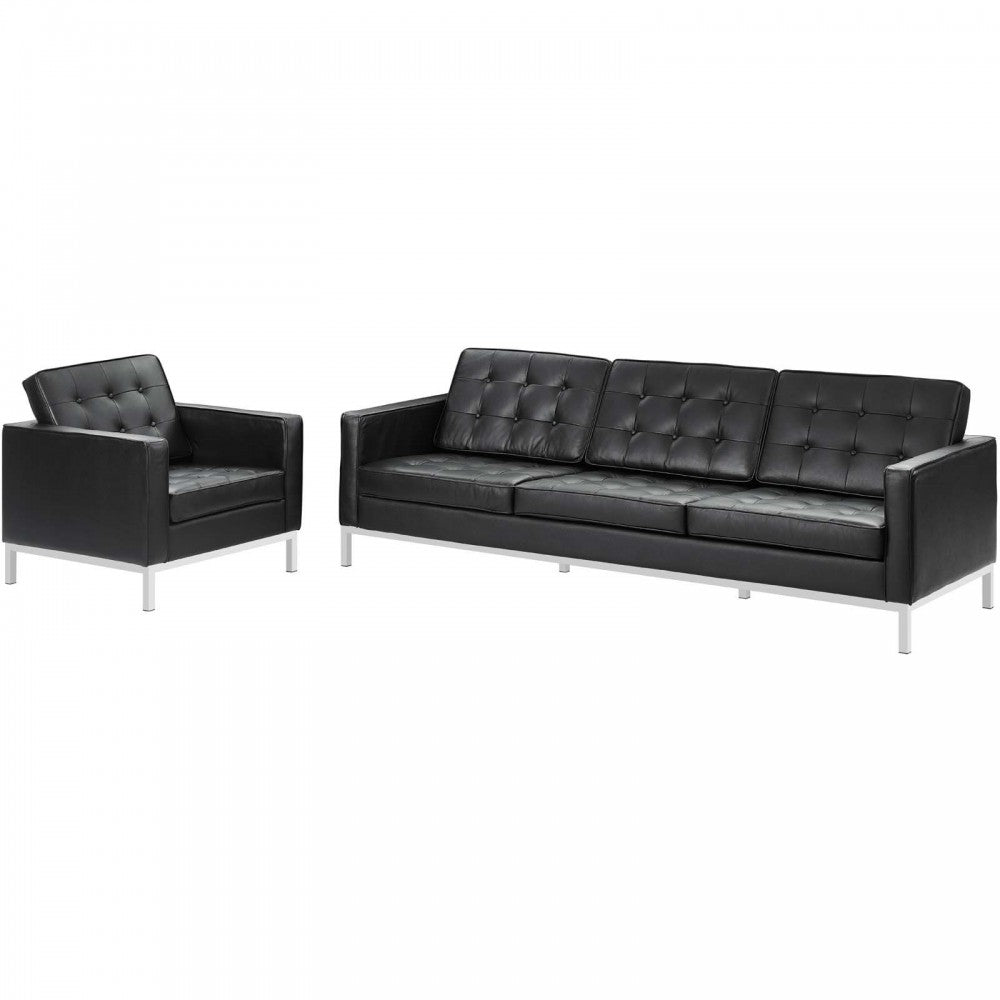 Loft 2 Piece Leather Sofa and Armchair Set, White, EEI-3099-BLK-SET