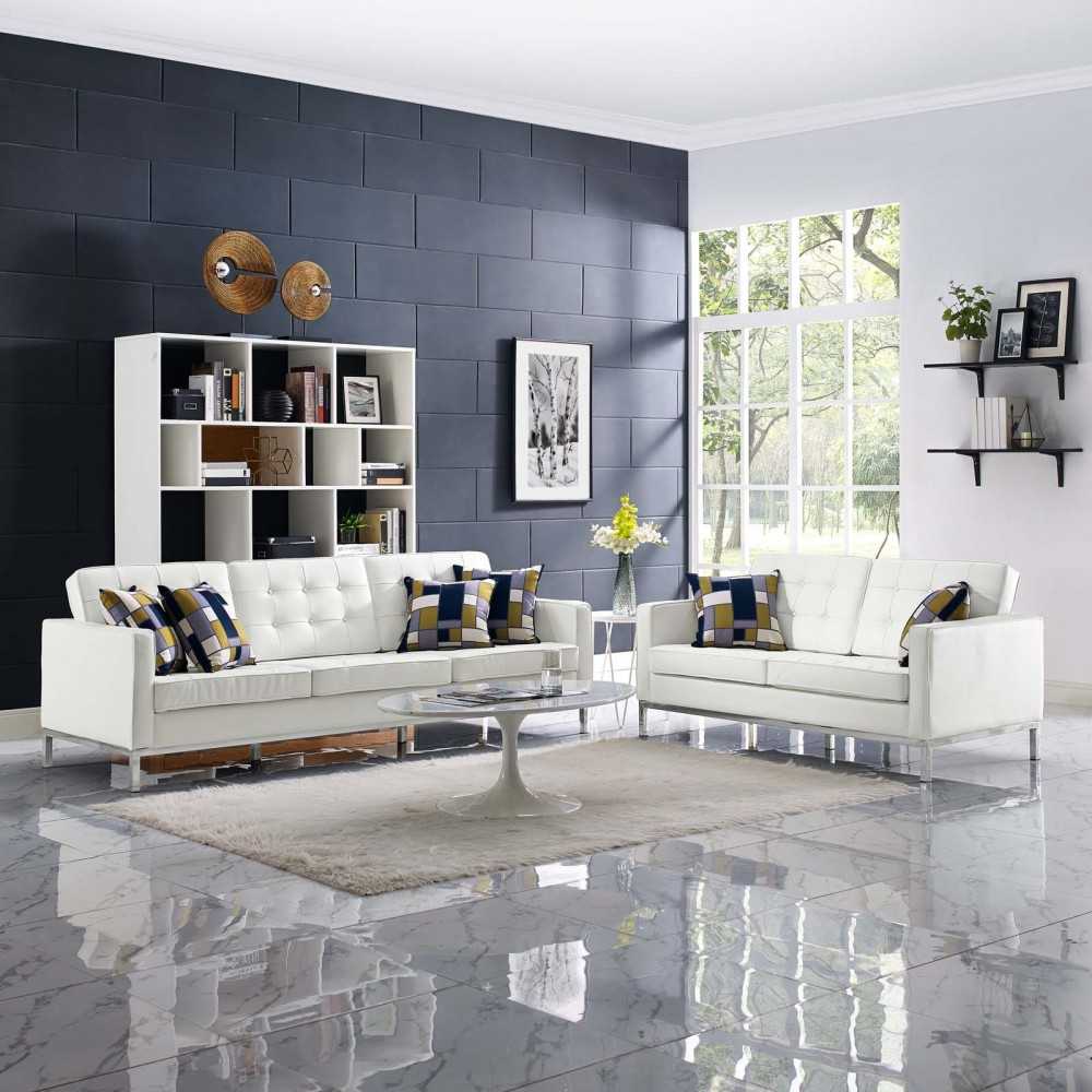 Loft 2 Piece Leather Sofa and Loveseat Set, Cream White